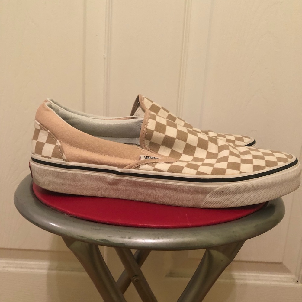 VANS checkered beige and white slip-on sneakers, size 9